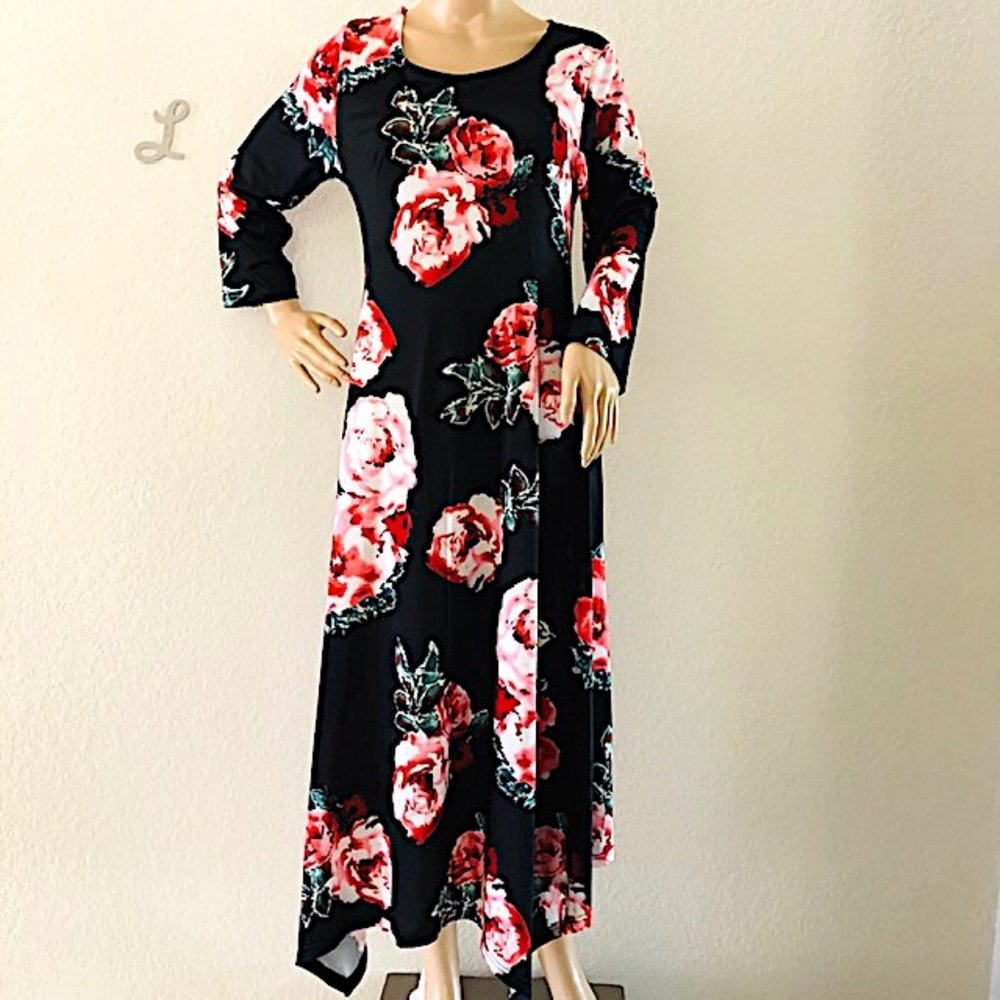 Fitted, Rose-Print, Handkerchief-Hem Midi Dress
